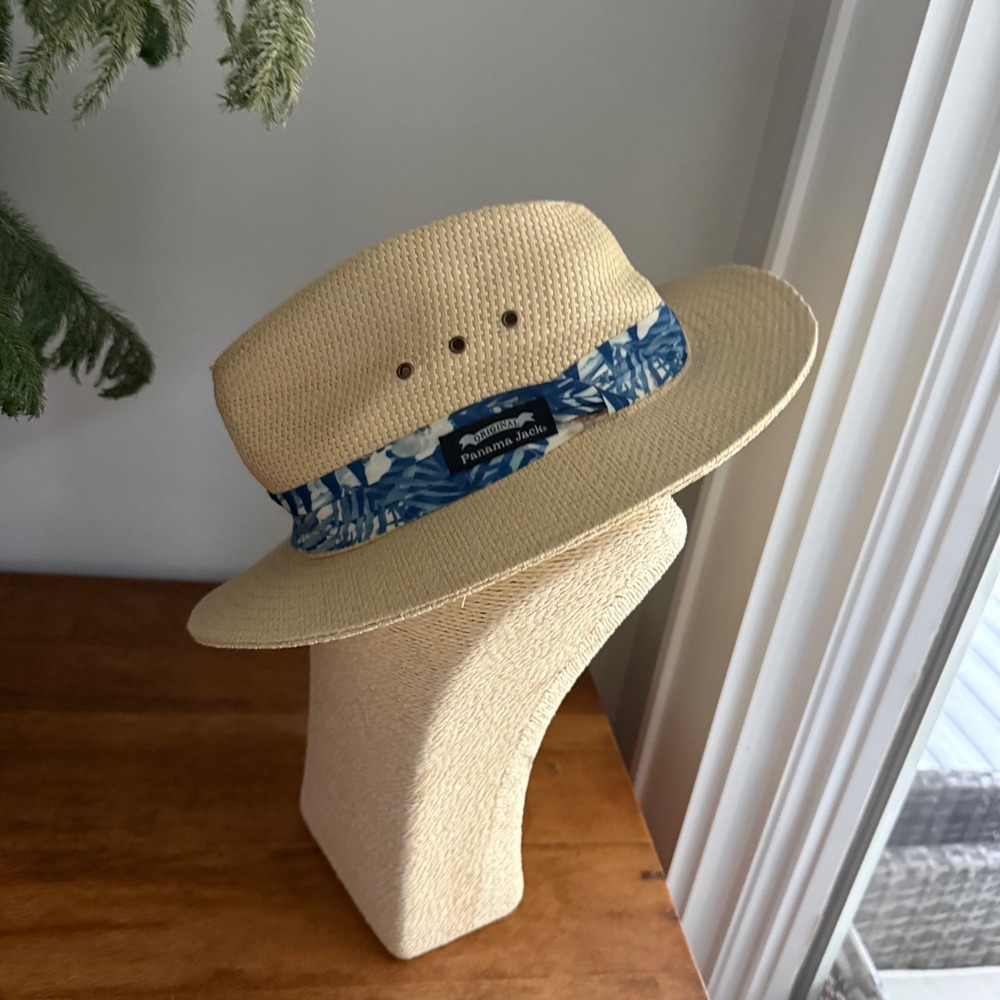 Panama Jack Mens Straw Fedora Hat Tan Blue Tropical Band XL Sun Safari Hat EUC